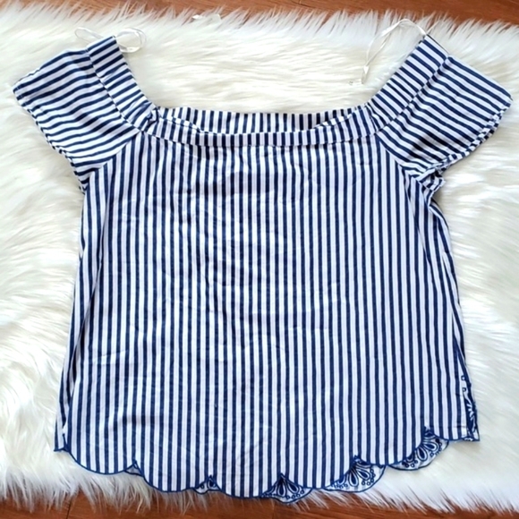 Dizzylizzy Navy Blue Striped Scoop Neck Off Shoulder Nautical Embroidered Top M - Picture 15 of 17